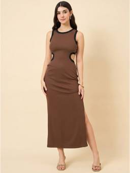 AAYU - Women Brown Round Neck Side Slit Cut Bodycon Dress