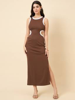 AAYU - Women Brown Round Neck Side Slit Cut Bodycon Dress