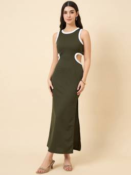 AAYU - Women Green Round Neck Side Slit Cut Bodycon Dress