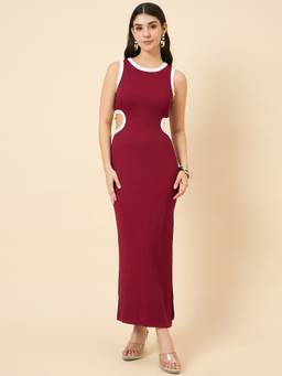 AAYU - Women Maroon Round Neck Side Slit Cut Bodycon Dress