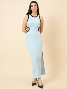 AAYU - Women Blue Round Neck Side Slit Cut Bodycon Dress