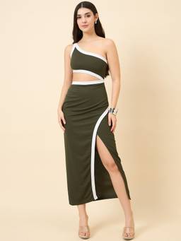 AAYU - Women Green One Shoulder Neck Front Slit Cut Bodycon Dress