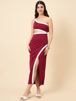 AAYU - Women Maroon One Shoulder Neck Front Slit Cut Bodycon Dress