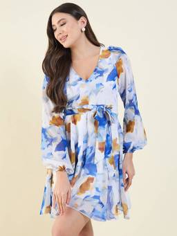 AAYU - Women Blue Printed Flared Mini Dress
