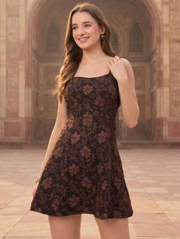 AAYU - Women Brown Floral Embroidered A-Line Dress