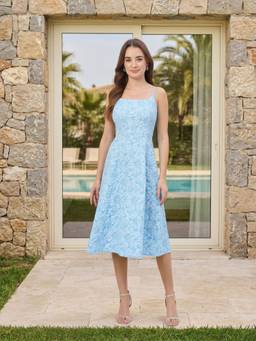 AAYU - Women Blue Floral Textured Flared Dress
