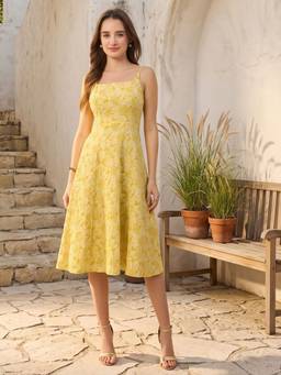 AAYU - Women Yellow Floral Textured Flared Dress