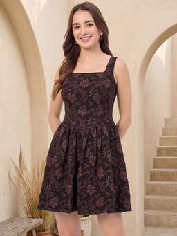 AAYU - Women Brown Floral Textured Flared Dress