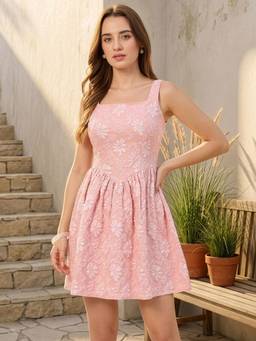 AAYU - Women Pink Floral Textured Flared Dress