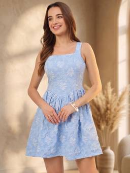AAYU - Women Blue Floral Textured Flared Dress