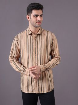 Urban Scottish - Beige Textured Stripe Regular Fit Cotton Shirt
