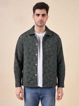 Urban Scottish - Olive Solid Textured Jacquard Weave Oversized Cotton Shirt