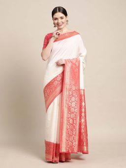 Akhilam - Women Silk Blend Off White Designer Saree with Unstitched Blouse