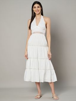 AMAGYAA - White Embellished Halter Neck A-Line Midi Dress
