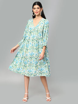 AMAGYAA - Multi-Color Ethnic Motifs Print Puff Sleeve A-Line Midi Dress