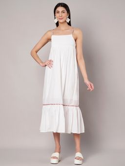 AMAGYAA - White Solid Cotton Gathered And Smocked Midi Dress