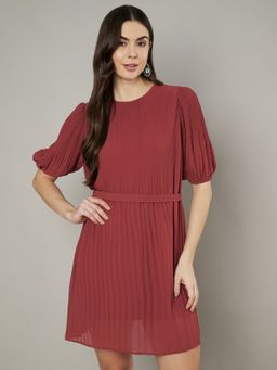 AMAGYAA - Maroon Pleated Round Neck Puff Sleeve A-Line Mini Dress with Belt (Set of 2)