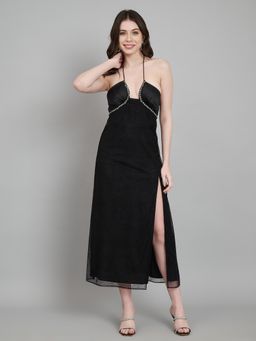 AMAGYAA - Embellished Halter Neck Sleeveless Black Net Midi Slit Dress