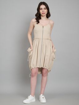 AMAGYAA - Beige Shoulder Straps Cotton Fitted Dress With High-Low Hem