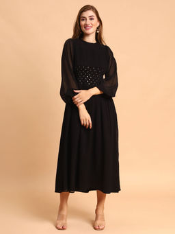 AMAGYAA - Black Embellished Chiffon Fit And Flare Midi Dress