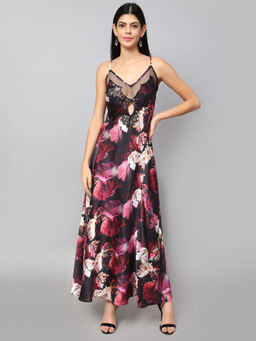 AMAGYAA - Black Floral Printed Satin Maxi Dress With Lace Inserts