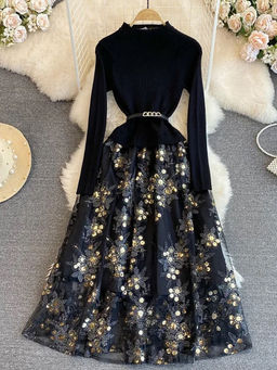 MISS MOSA BY AKANKSHA - Black Amistha Pleated Woolen Dress with Belt (Set of 2)