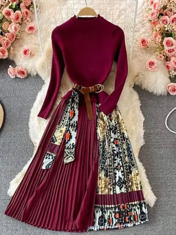 MISS MOSA BY AKANKSHA - Maroon Bianca Pleated Woolen Dress With Belt (Set of 2)