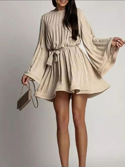 MISS MOSA BY AKANKSHA - Beige Cathy Pleated Summer Dress with Belt (Set of 2)