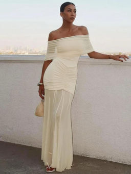 MISS MOSA BY AKANKSHA - Cream Cosmic Off Shoulder Ruched Maxi Dress