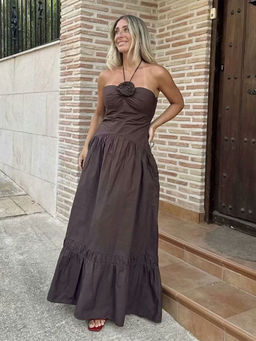 MISS MOSA BY AKANKSHA - Brown Delma Rosette Holiday Maxi Dress