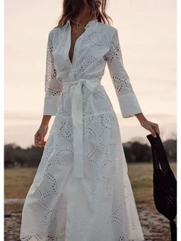 MISS MOSA BY AKANKSHA - White Filly Cotton Eyelet Summer Maxi Dress with Belt (Set of 2)