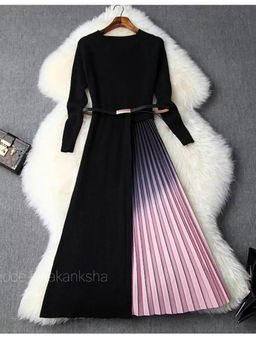 MISS MOSA BY AKANKSHA - Black Gradient Pleated Dress with Belt (Set of 2)