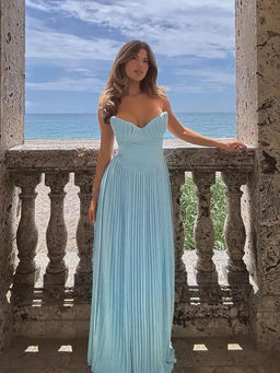 MISS MOSA BY AKANKSHA - Blue Mary Off Shoulder Pleated Maxi Dress