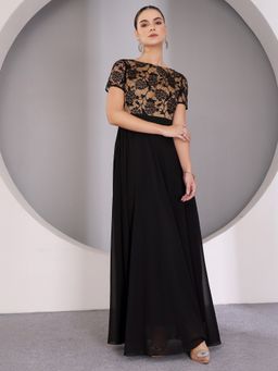 Miss Chase - Women's Black Boat Neck Half Sleeve Fit and Flare Georgette Maxi Dress