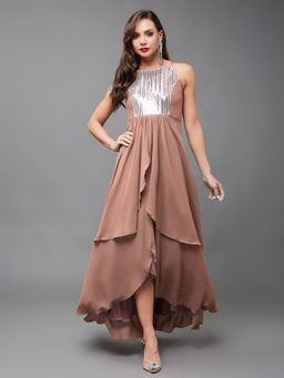 Miss Chase - Women's Dusty Peach Halter Neck Georgette Maxi Dress