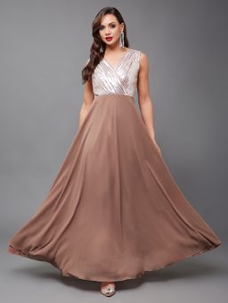 Miss Chase - Women's Dusty Peach V-Neck Sleeveless Wrap Maxi Georgette Dress