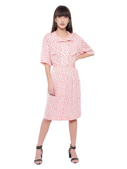 AMAGYAA - Pink Polka Dots Printed Midi Crepe Shirt Type Dress