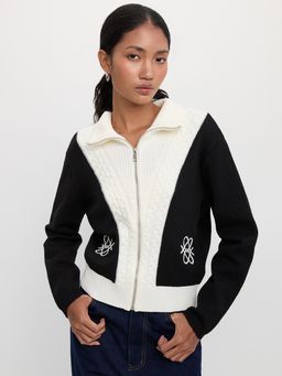Pomelo - Zippered Embroidered Cardigan - Black/White