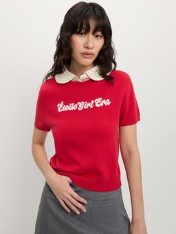 Pomelo - Classic Collar Knit Top - Red