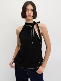Pomelo - Contrast-Trim Halter Tie Top - Black