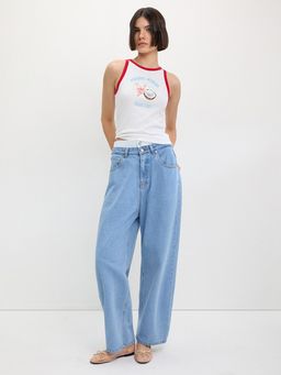 Pomelo - Contrast Trim Graphic Ribbed Tank Top - White