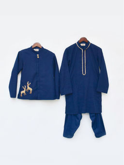 Fayon Kids - Navy Blue Self Design Kurta and Jacket with Salwar (Set of 3)
