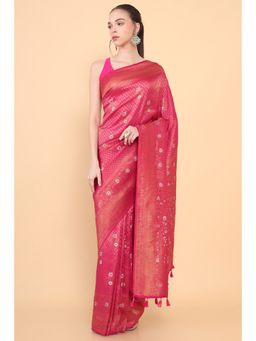 Soch - Women Magenta Silk Geometric Saree with Unstitched Blouse
