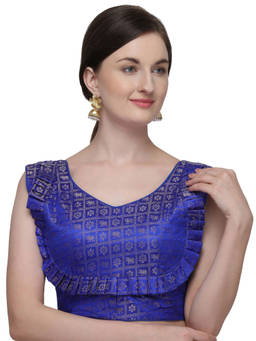 Amrutam Fab - Womens Printed Blue Jacquard Stiched Blouse With V Neck