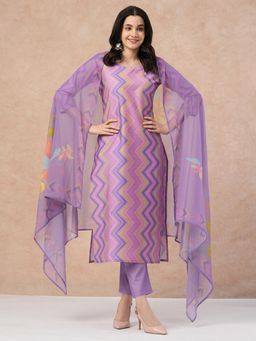 Gahan - Rayon Abstract Zigzag Printed Lavender Kurta with Pant & Floral Dupatta (Set of 3)