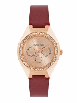 Joker and Witch - Joker & Witch Roey Rose Gold Sunray Dial Maroon PU Strap Watch - AMWW1257 (M)