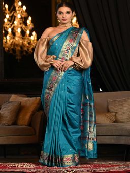 Beatitude - Blue Woven Paithani Saree with Unstitched Blouse