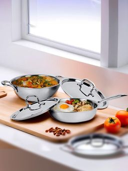 Savya Home - Triply Kadai with Ss Lid, 1.6L & Triply Frypan with Lid, 1.5L (Set of 4)