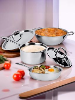Savya Home - Triply Kadai with Ss Lid, Triply Saucepan with Ss Lid & Triply Frypan, 1.2L, (Set of 6)