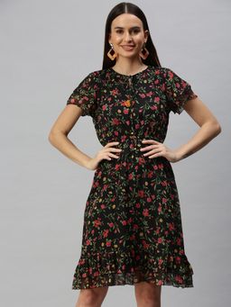 SHOWOFF - Women Black Floral Keyhole Neck Dress